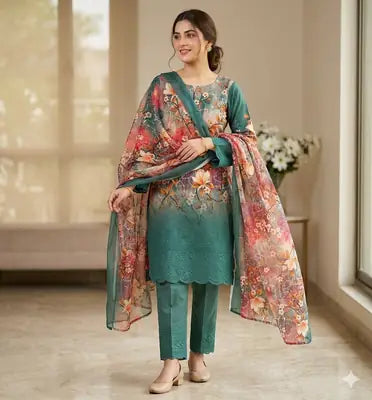 Chicken Kari Swiss Lawn 3 Piece Suit for Women | Digital Printed Lawn Dress with Aari Embroidered Chiffon Dupatta | Unstitched Summer Collection