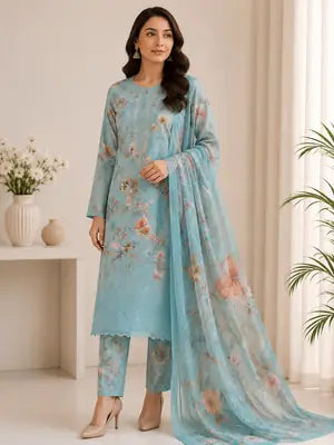 Chicken Kari Swiss Lawn 3 Piece Suit for Women | Digital Printed Lawn Dress with Aari Embroidered Chiffon Dupatta | Unstitched Summer Collection