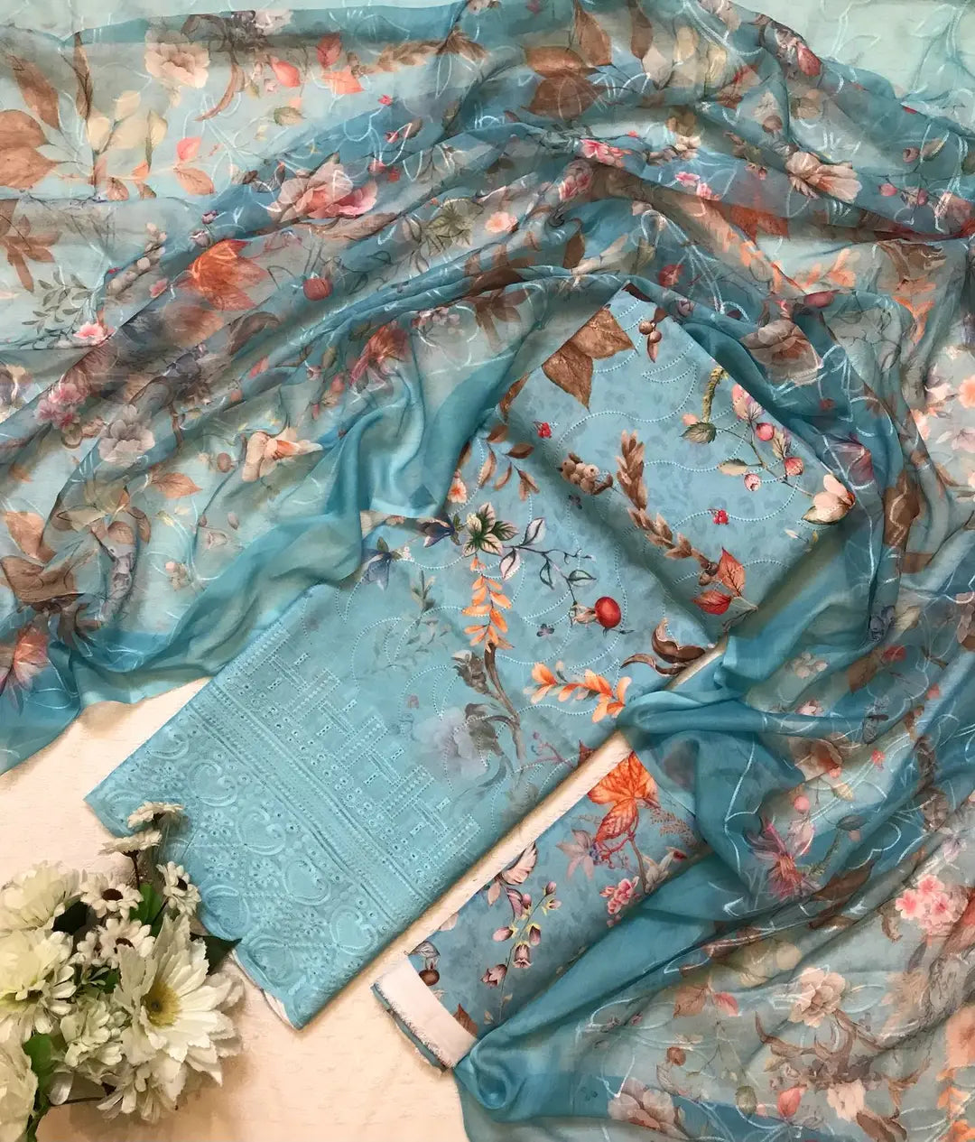 Chicken Kari Swiss Lawn 3 Piece Suit for Women | Digital Printed Lawn Dress with Aari Embroidered Chiffon Dupatta | Unstitched Summer Collection
