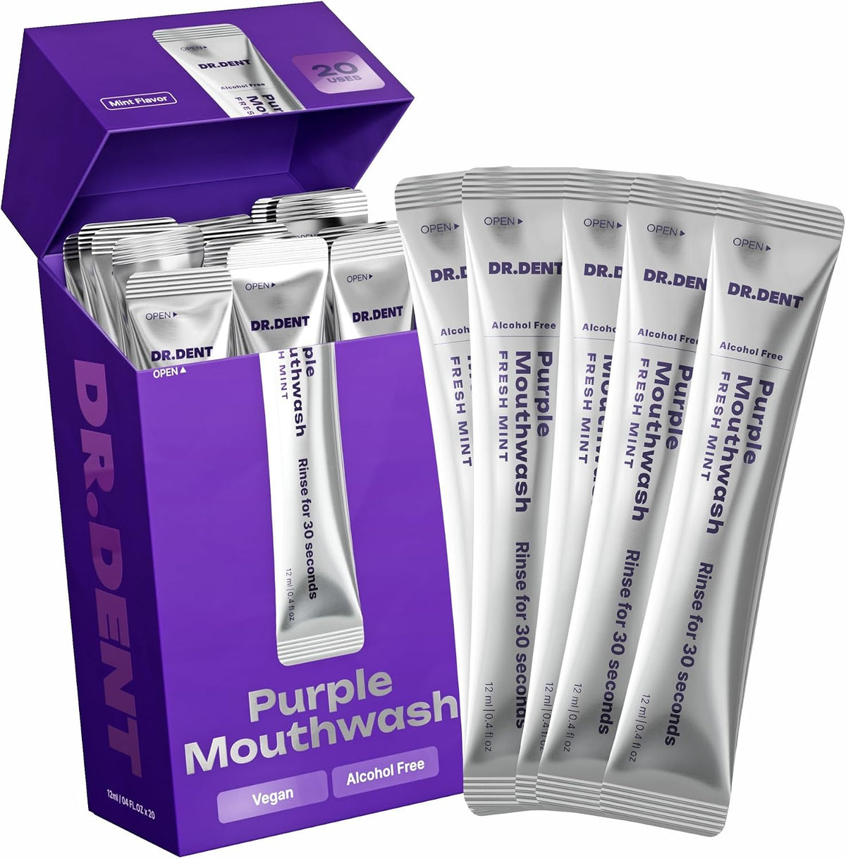 DR.DENT Purple Mouthwash - Sachets 20 Pack - Peroxide-Free - Alcohol Free - Vegan Mint