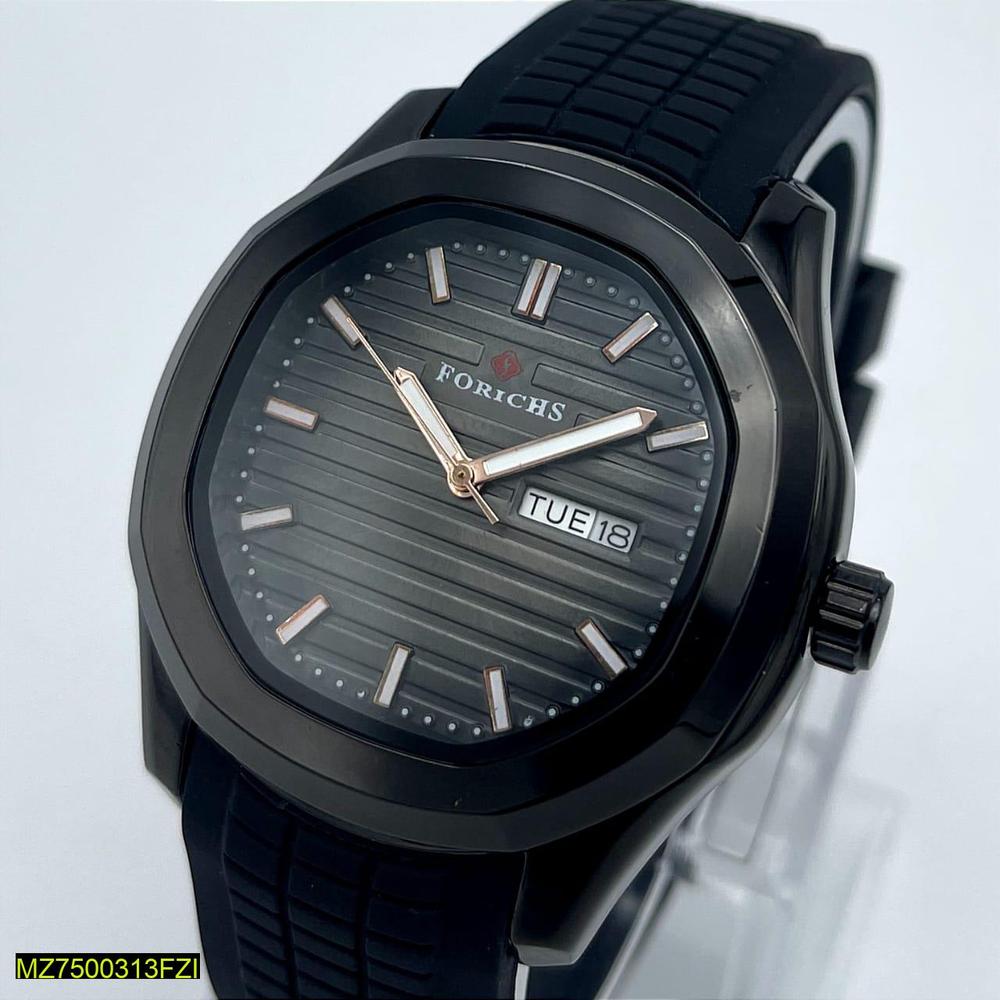 Men's Black Stainless Steel Quartz Watch with Rubber Strap