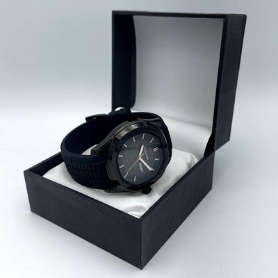 Men's Black Stainless Steel Quartz Watch with Rubber Strap