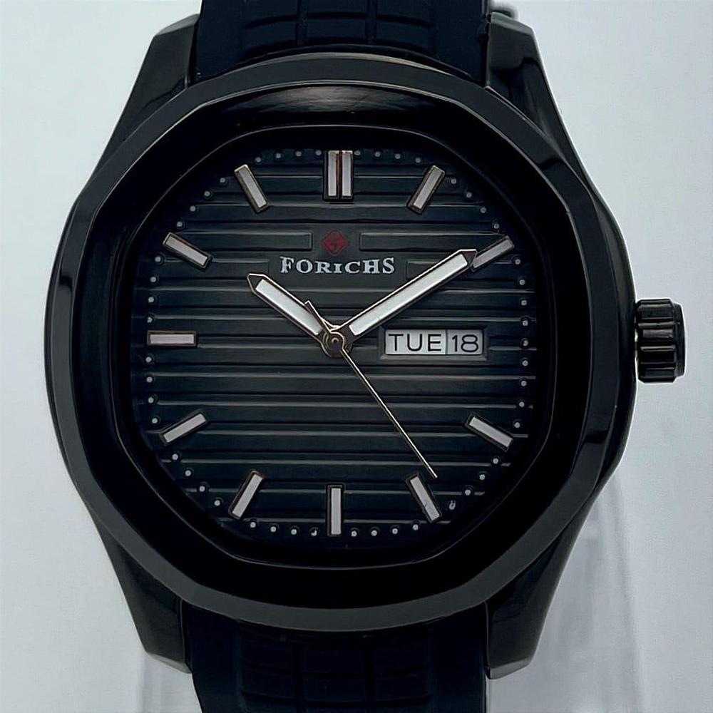 Men's Black Stainless Steel Quartz Watch with Rubber Strap