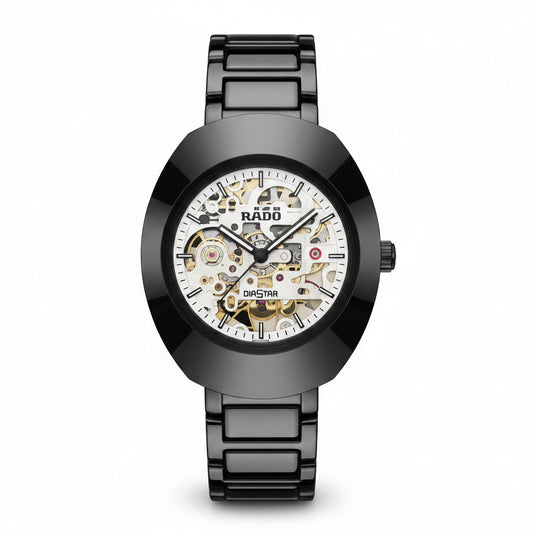 RADO DiaStar Automatic Watch, Luxury Automatic Wristwatch with Skeleton Open Dial, Black Stainless Steel Strap, Ceramic-Style Case and Scratch-Resistant Glass for Men