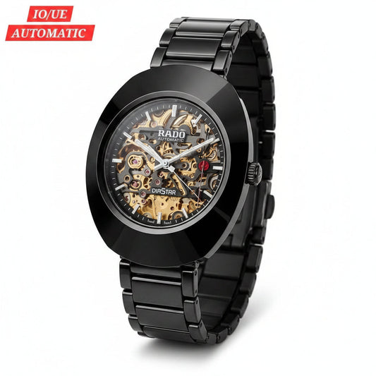 RADO DiaStar Automatic Watch, Luxury Automatic Wristwatch with Skeleton Open Dial, Black Stainless Steel Strap, Ceramic-Style Case and Scratch-Resistant Glass for Men